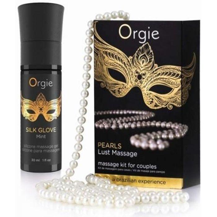 Kit de massage - Pearl Lust - Noir - Huile parfumée menthe - Collier de perles - Pour adultes