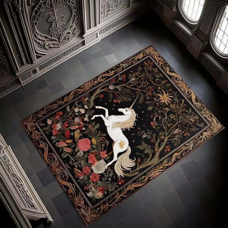 Magisches Einhorn Pflanze Floral Teppich Teppiche für Wohnzimmer Schlafzimmer Bettseite Weicher Teppich Lounge Rutschfeste Bodenmatte Küche Eingang Fußmatte