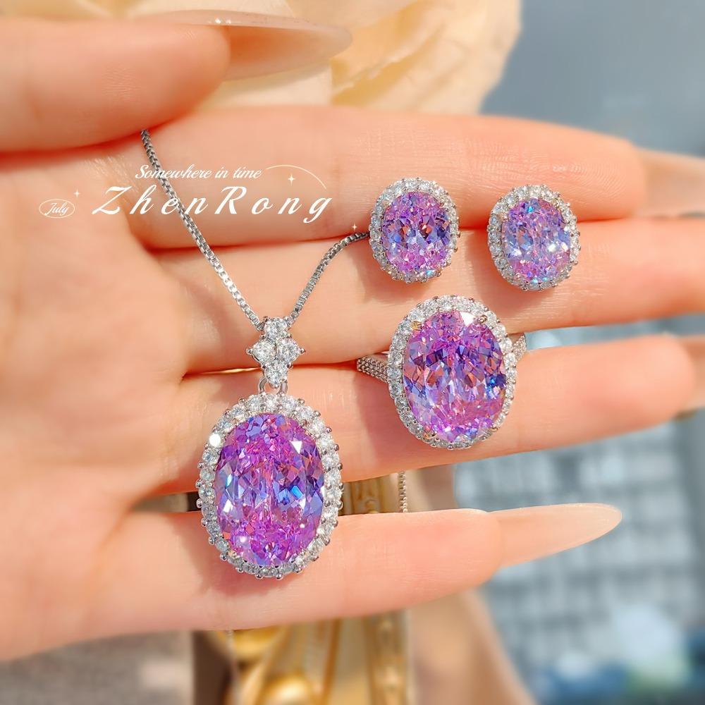 

Fashion Necklace Earrings Set with Pigeon Egg Pendant Ice Cut High Carbon Diamond Studs Purple Gemstone Ring for Women