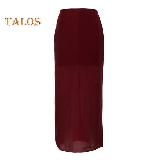 

Женская макси-юбка с высокой талией, сетчатая пряжа, перспективная однотонная юбка с разрезом на бедрах, длинная юбка S вино красного