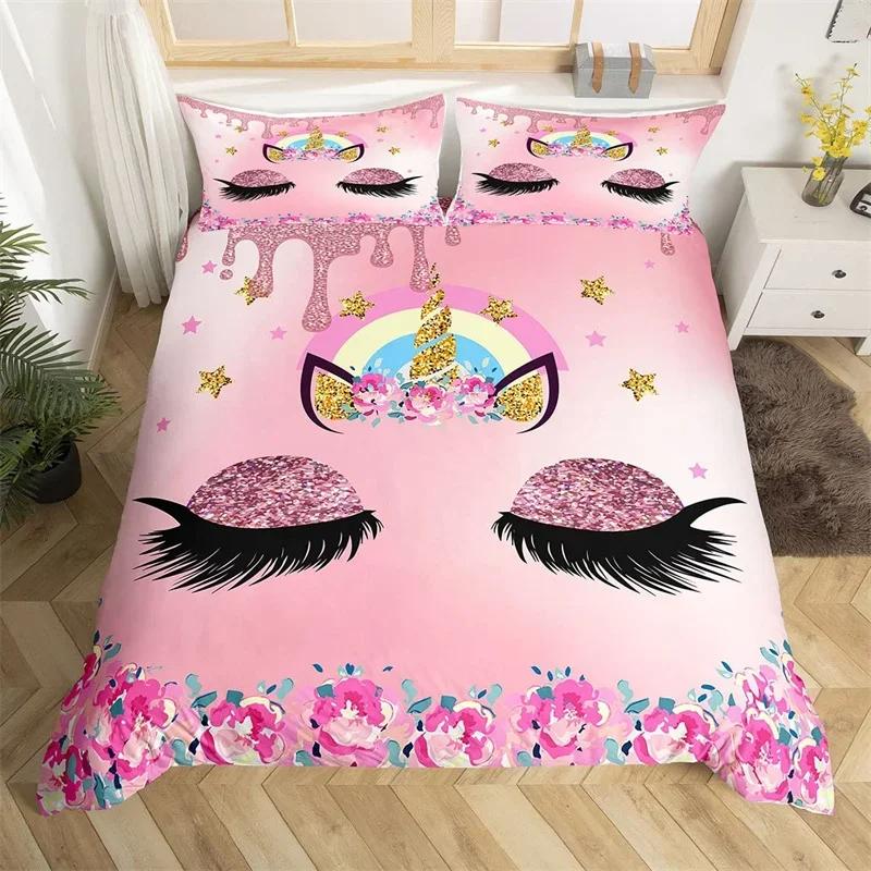 Cartoon Unicorn Duvet Cover Set Smile Eyelash King Bedding Set For Girls Woman Microfiber Mermaid Scale Floral Comforter Cover