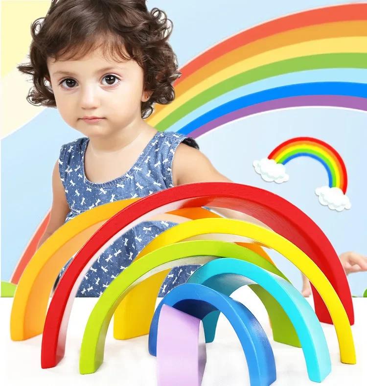 Toys Educational Arch Bridge Rainbow Building Blocks Montessori Games Color and Shape Cognitive Wooden for Kids Children