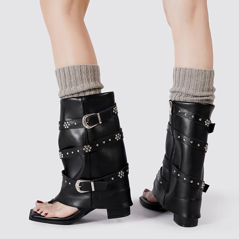 Fashion Fashion Square toe Rivet Strap Buckle Clip toe Women Mid-calf Boots Spring Summer Thick High heels Soft Leather Punk Boots Shoe