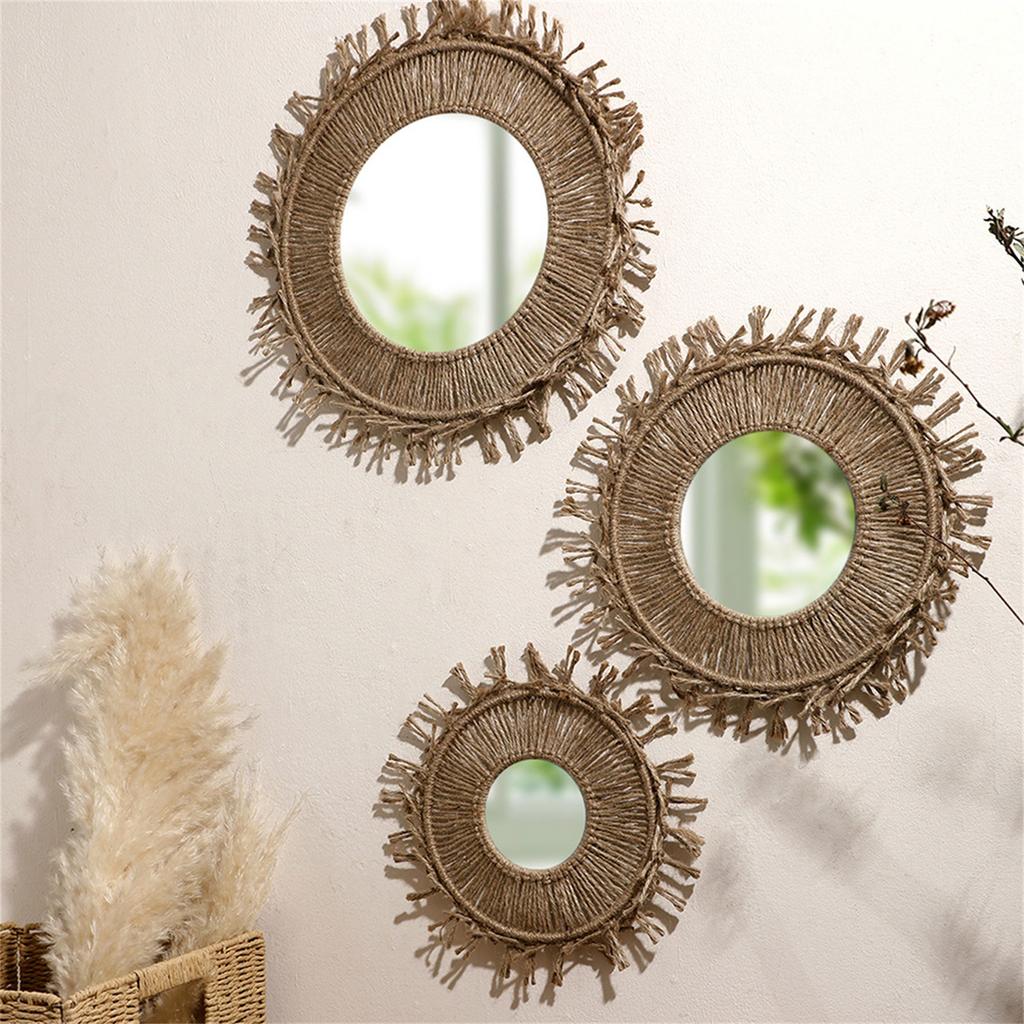 Artisanal Cotton Rope Frame Round Mirror with Elegant Fringed Tassels Woven Macrames Wall Mirror for Living Room Decors