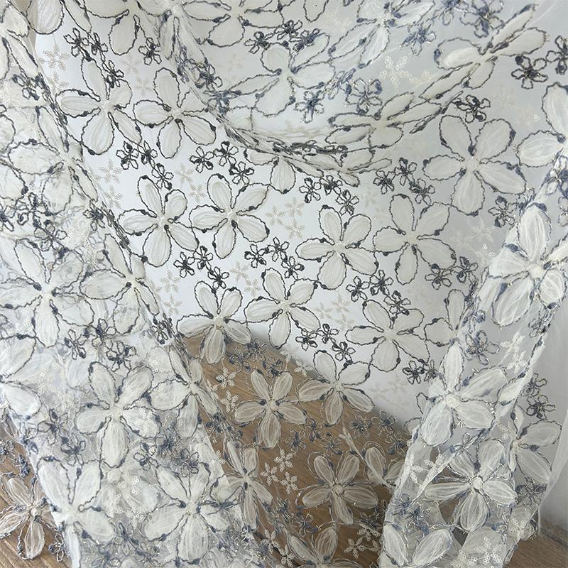 Ins Style Grey Blue Lace Mesh Fabric 3D Flower Embroidery Thread Sequin Tulle Fabric For Diy Sewing Dress Costume Wedding Veil