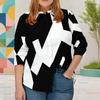 Women Plus Size Collared Neck Long Sleeve Black White Geometric Printed Button Front Curved Hem Shirt