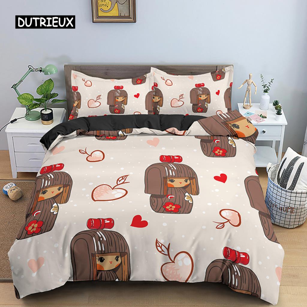 Japanese Doll Duvet Cover Set King Wearing Kimono Doll Sakura Pattern Bedding Set Microfiber Japanese Kawaii Style Quilt Cover