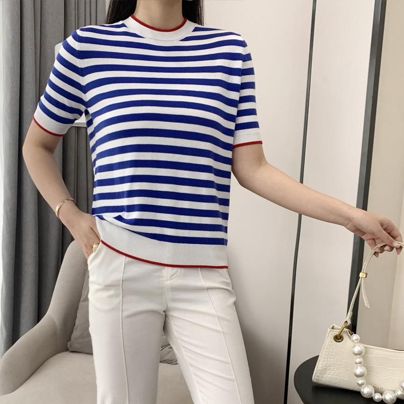 

Женская футболка с коротким рукавом из чистого хлопка на лето, новая, с круглым вырезом, цветная блочная полосатая кофта, модная универсальная футболка с коротким рукавом, топ XXL синий