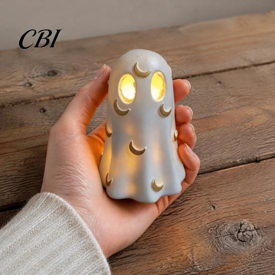 Warm LED Bedside Lamp Halloween Ghost Decoration, Cute Light Up Figurine, Spooky Resin Niche Home Decor Statue with for Shelf Mantel Indoor