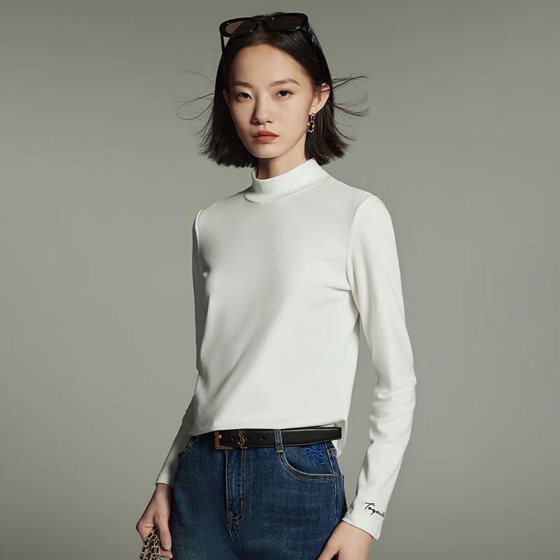 Chuyu Women's Warm Embroidered Semi-High Collar Base Layer T-Shirt