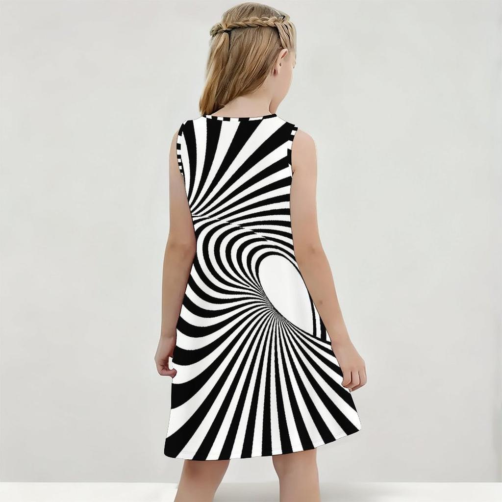 Girls Round Neck Sleeveless Black White Swirl Printed A Line Flared Hem Dress