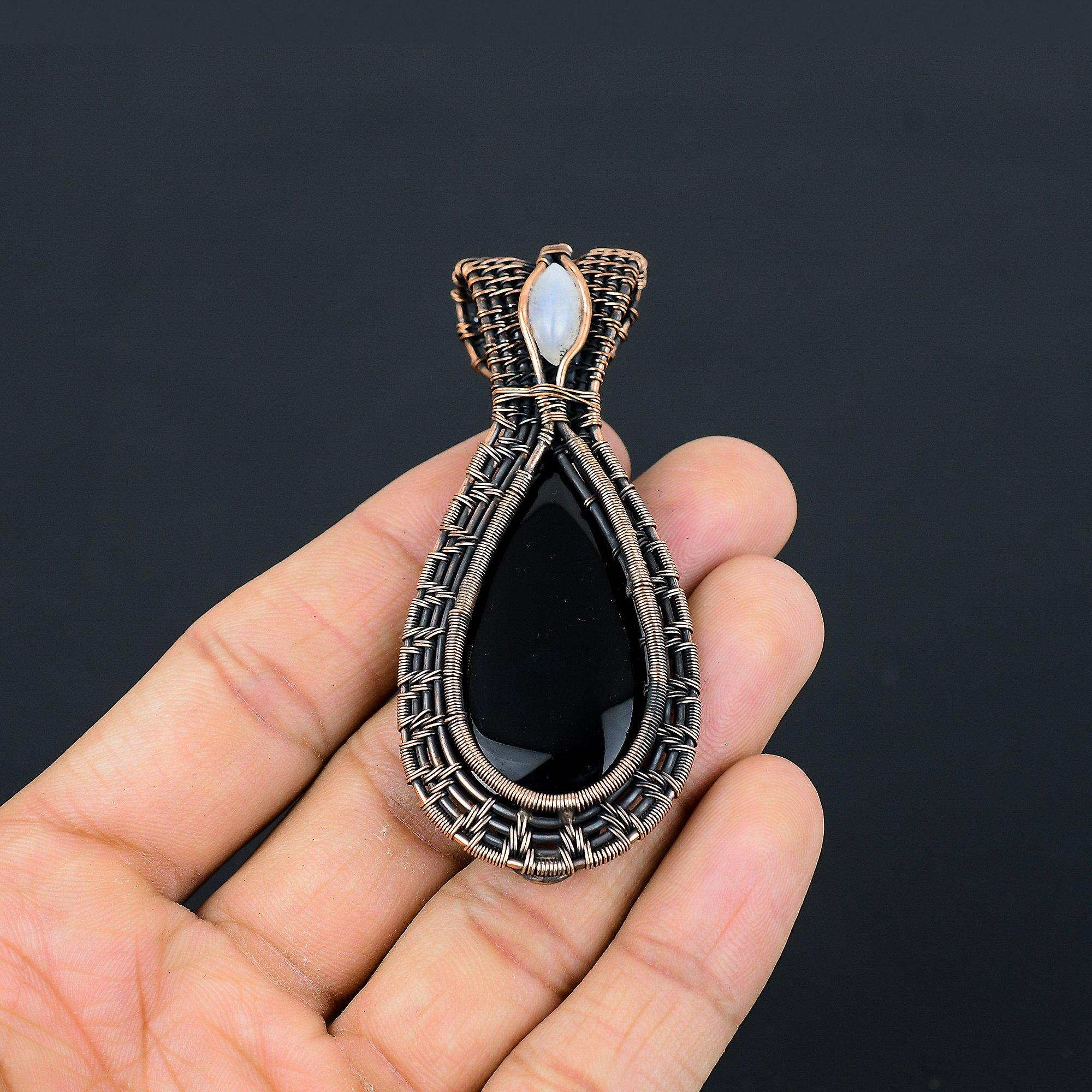 

Black Onyx & Moonstone Jewelry, 999 Copper Wire Wrapped Pendant Handmade Gemstone Jewelry, Gifts For Wife Brand New Pendant 2.55 Inches