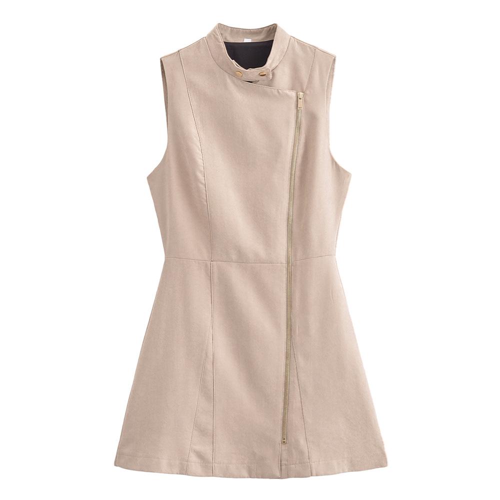 

2025 Spring Women s Slim Fit Sleeveless Stand Collar Dress XS хаки