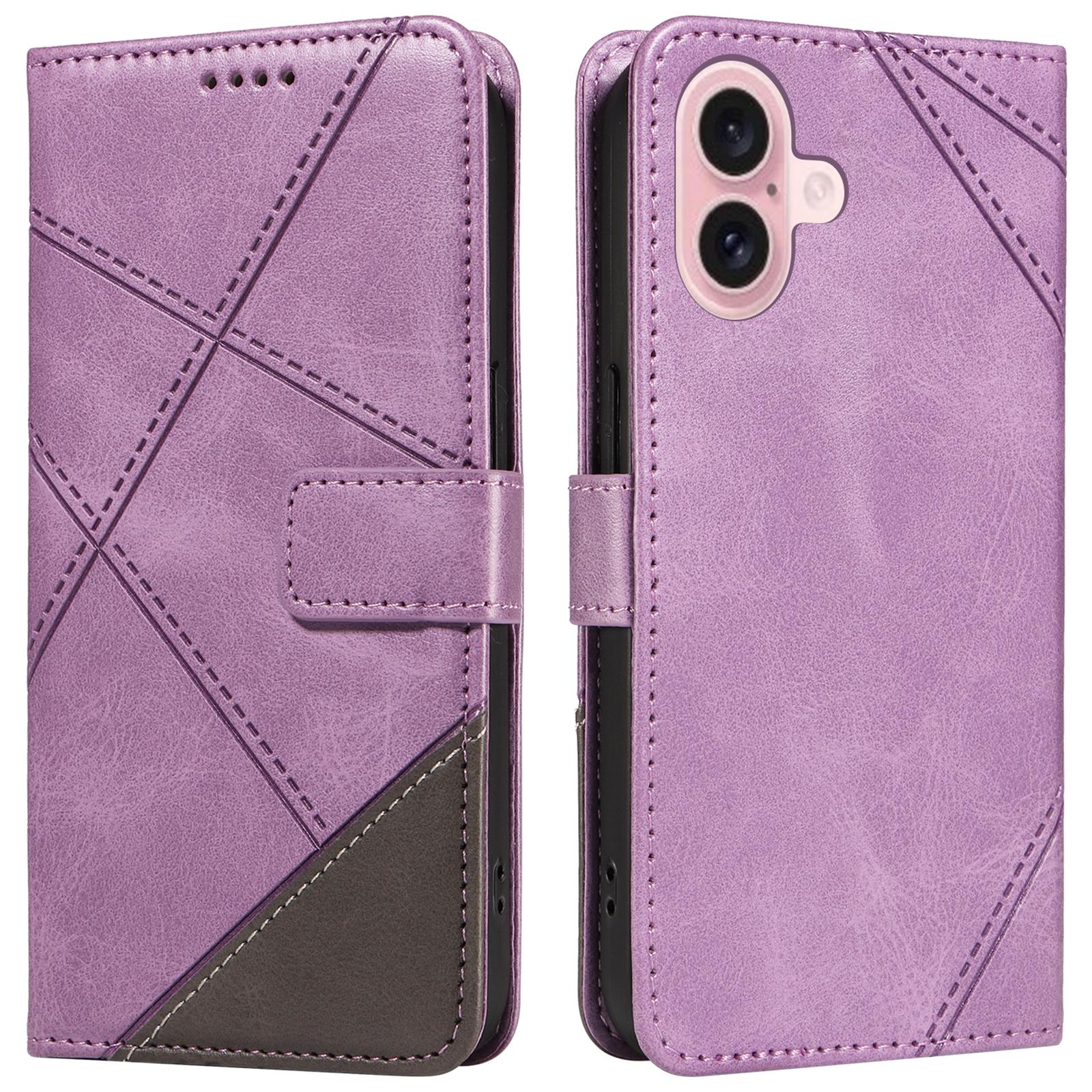

For iPhone 16 Case PU Leather Protective Geometric Line Phone Cover Wrist Strap B