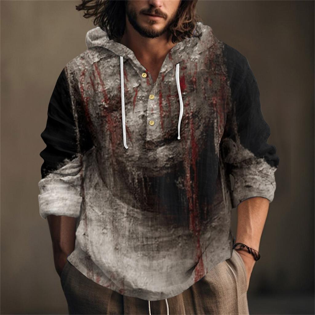 Halloween Printed Men's Shirt, Hooded Long-sleeved Hooded Spring And Summer Casual Daily Wear
