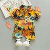 Children's Summer Full Print Leaf Flower Standing Neck Shirt Short Sleeve Set