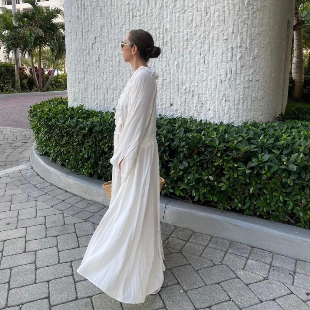 Elegant White Loose Guaze Long Dresses Woman Casual V Neck Flare Full Sleeve Long Robes New Female High Street Office Dress