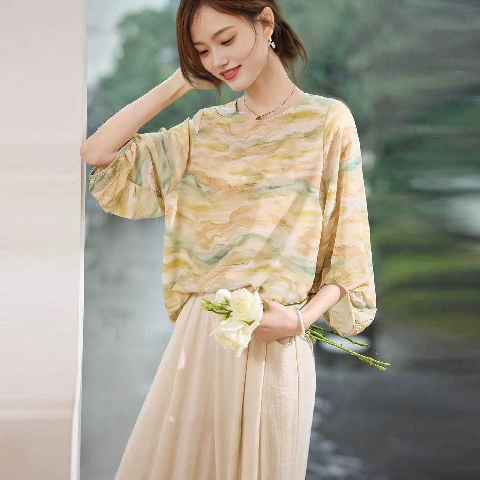 Summer new fashion light and cool smudged printed chiffon t-shirt women's slim shirt lantern sleeve top