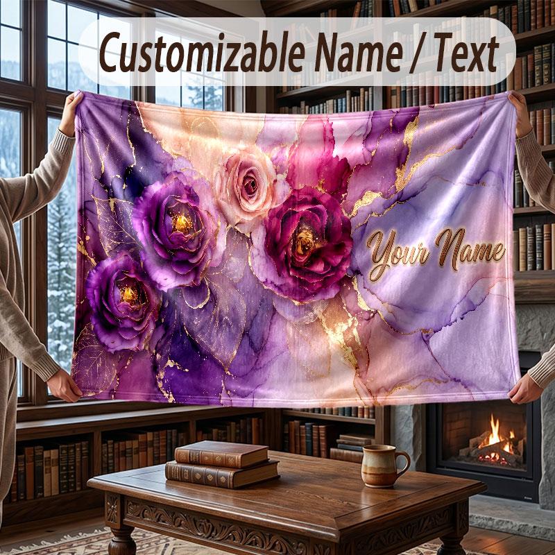 Floral Garden Theme Throw Blanket Custom Name Text Personalized Blanket Soft Cozy Blanket for Home Sofa Bed