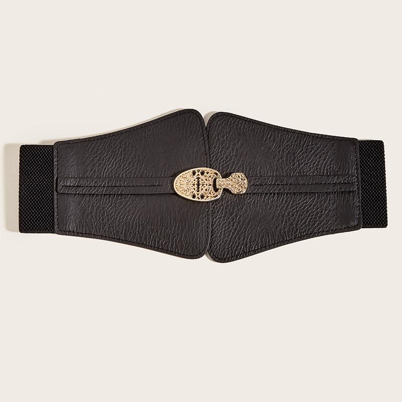 Buckle Fashion Gold Decoration Women Casual Black Faux Leather Belt Daily For