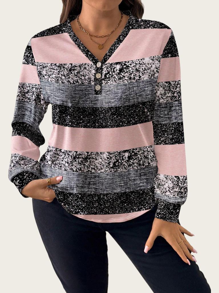 European American Women's Plus Size V-Neck Stripe Print Long Sleeve Top - Spring/Autumn