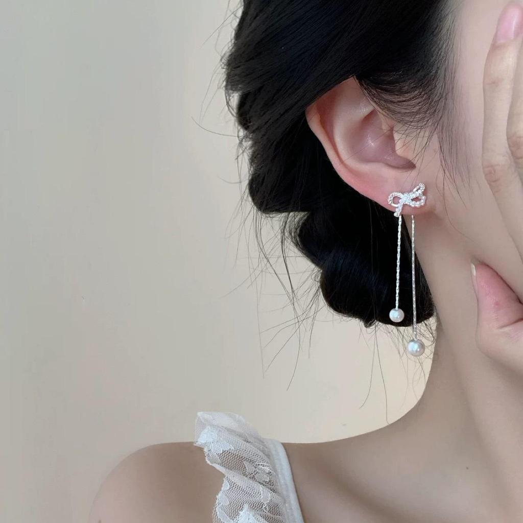 Elegant French Bow Pearl Tassel Stud Earrings for Women