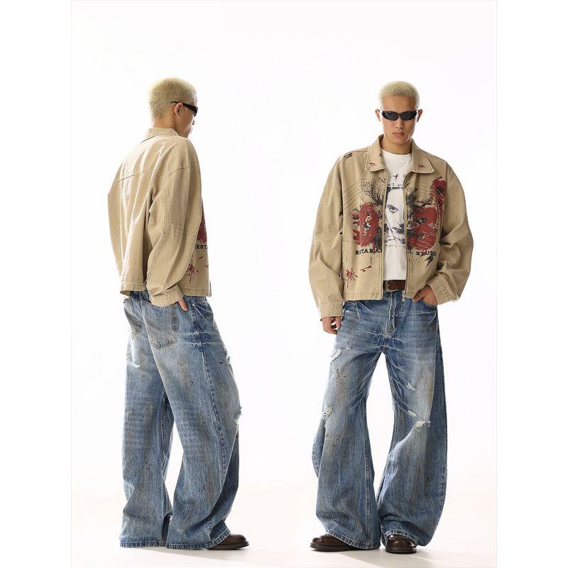 American Retro Loose Dirty-Dyed Distressed Jeans for Men and Women with Unique Design, Whiskered Casual Straight-Leg Wide-Leg Pants