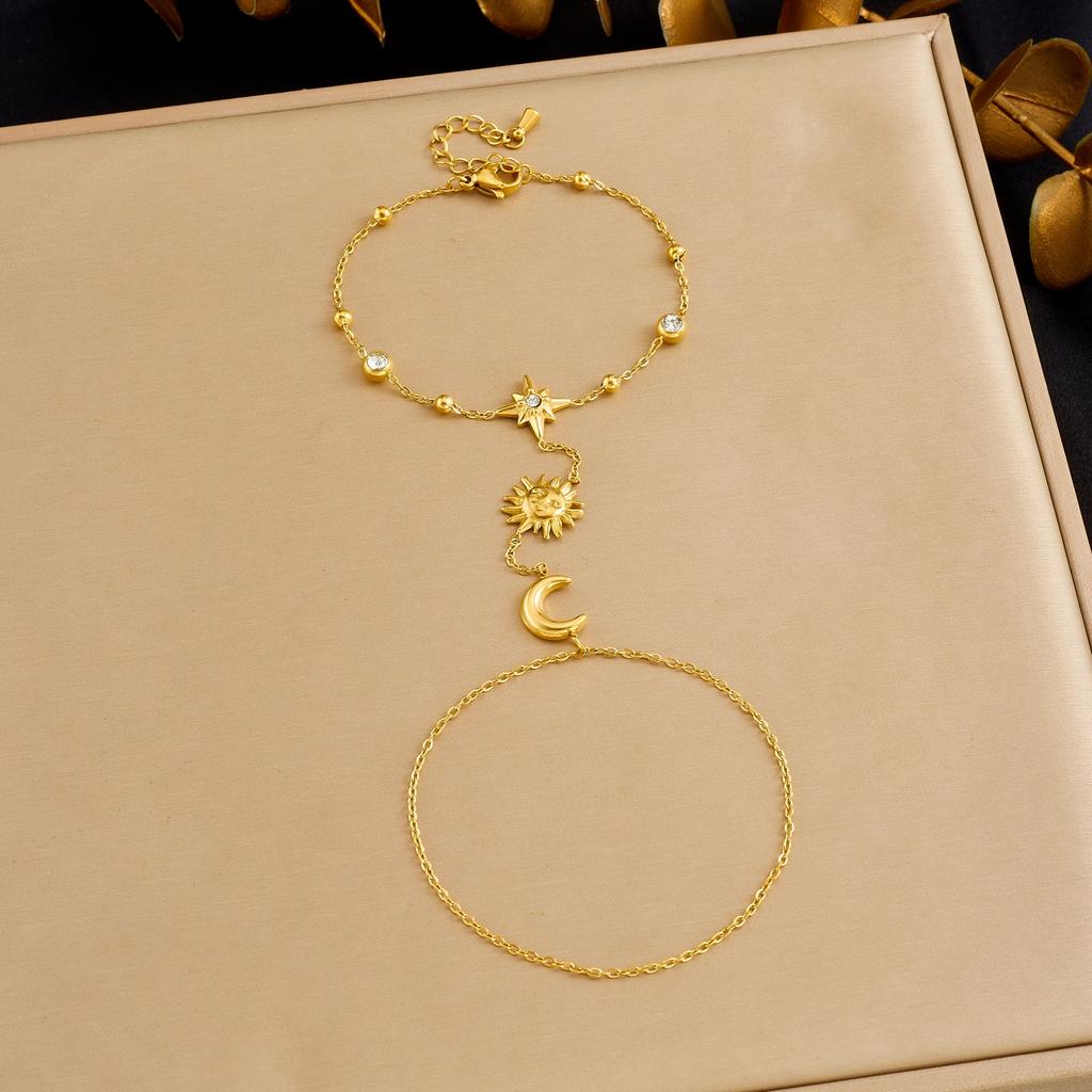 DIEYURO 316L Stainless Steel Exquisite Golden Star Moon Sun Zircon Hand Back Bracelet Women Trend Non-fading Hand Chain Jewelry