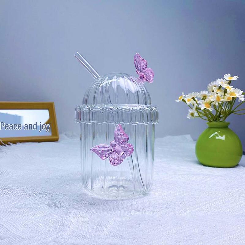 Butterfly Stripe Glass Straw Cup
