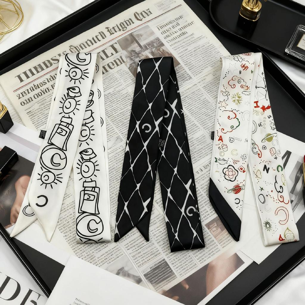 Heavy twill silk scarf, small fragrance style, long strip, thin tie bag, ribbon decorative streamer, neck band, hair band double C