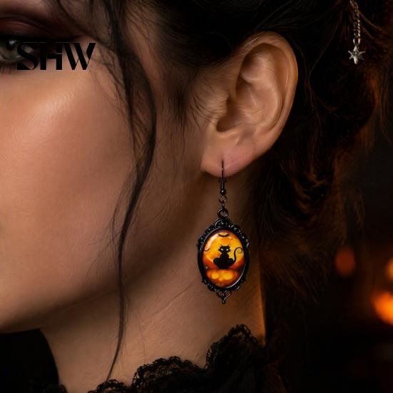 Versatile Dark Style Daily Wear Accessories 1 Pair Halloween Gothic Black Cat Earrings for Women, Vintage Jewelry with Skull Bat Patterns Punk Dangle