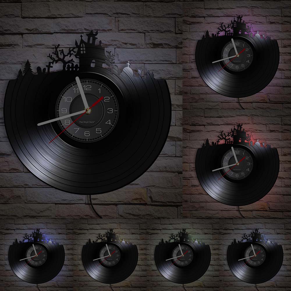 Happy Halloween Nacht Wanddekoration Vinyl Schallplatte Wanduhr Totenkopf Skelett & Geist Vintage Uhr Horror Dekoration Wanduhr