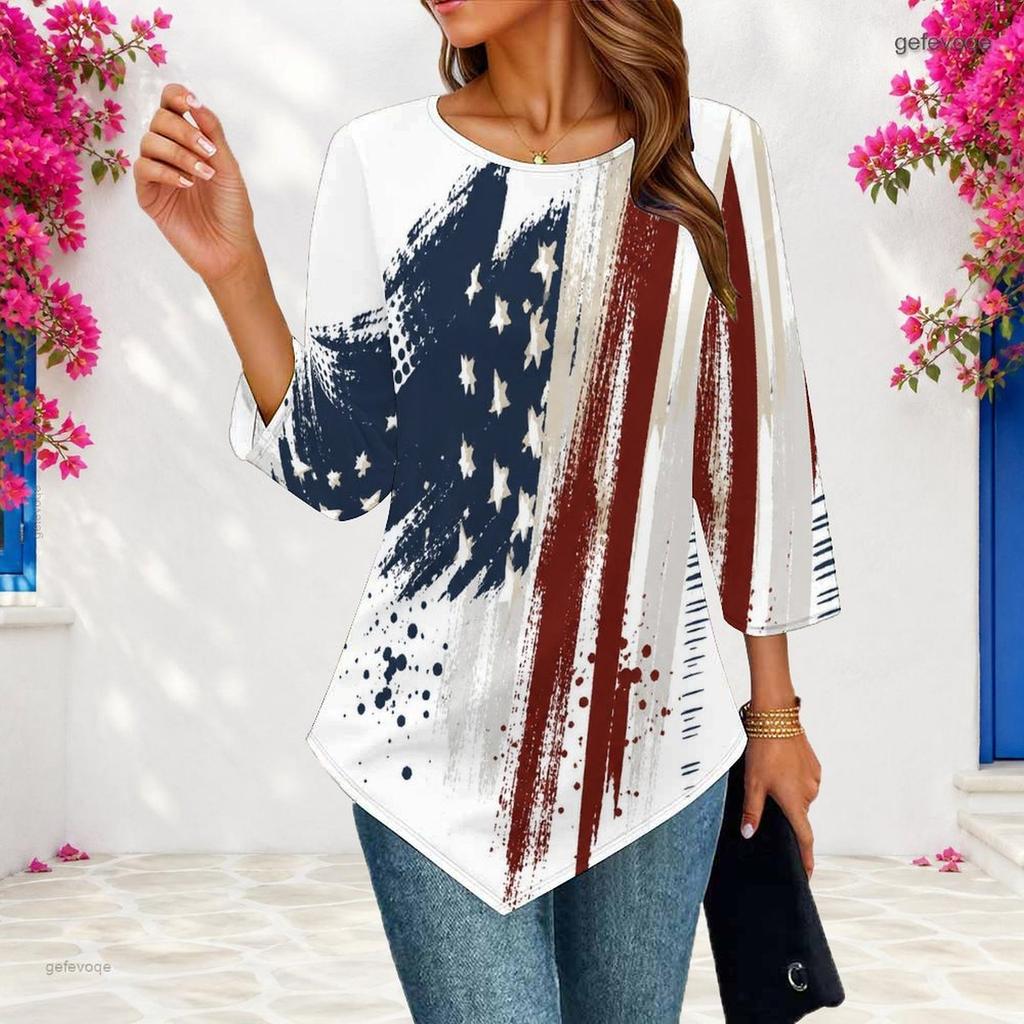 Womens Plus Size Casual Three Quarter Sleeve Blouse Pointed Hem Soft Breathable Daily Ladies Outfit Top