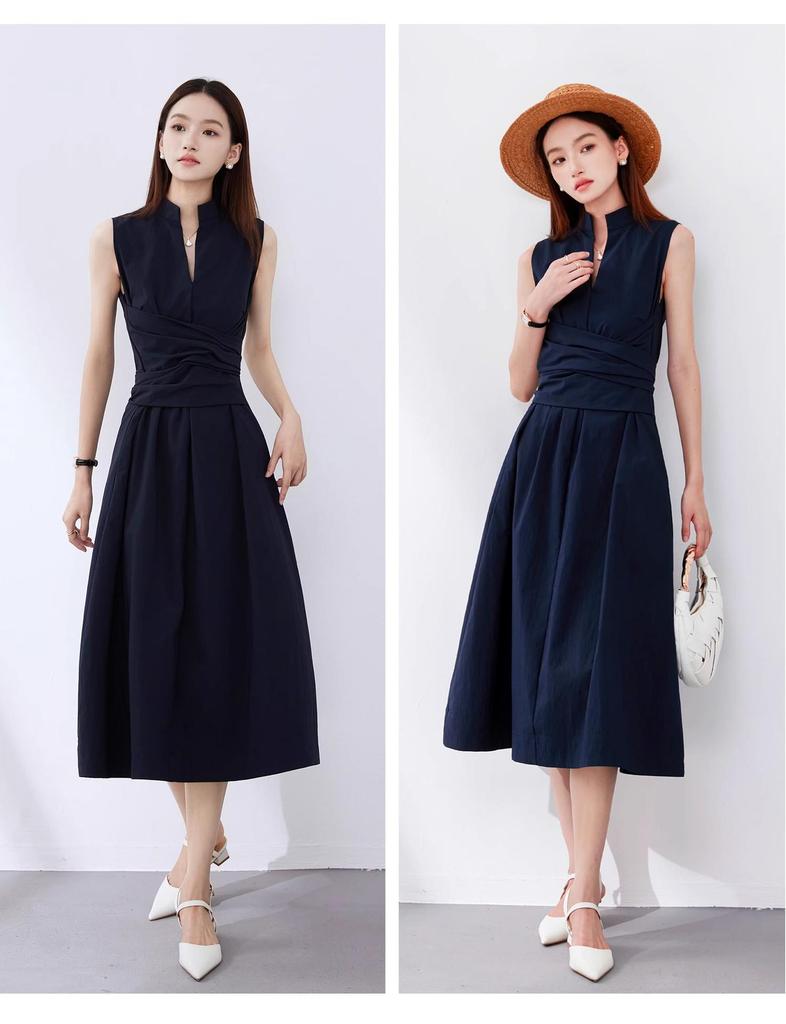 Elegant Women's Sleeveless Drape Design Dress - Hepburn Style, Tie-Up Waist, Slimming Long Commuter Dress
