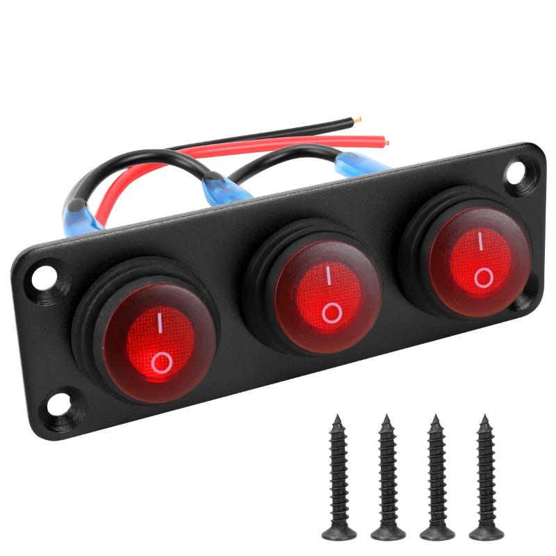 2.Switch Panel 1-6 Gang 12V for Boat, Truck, Automotive: On-Off Rocker Toggle with Red LED Light, Waterproof