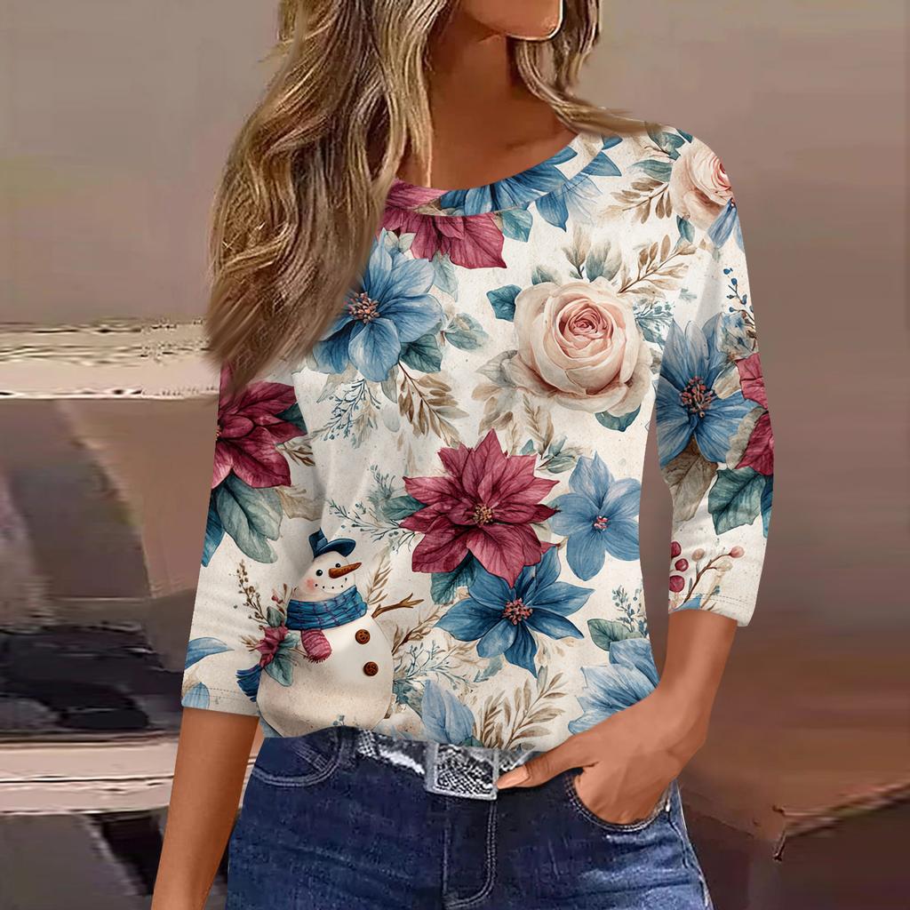 3/4-ermet damebluser blomstermønstret vintage mote avslappet løs med rund hals pluss størrelse skjorter