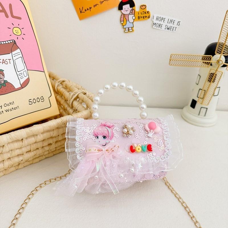 Trendy Girl's Pearl Handbag Stylish Lace Bowknot Princess Shoulder Bag For Kids