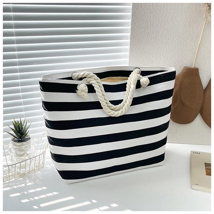 Eco-Friendly Striped Canvas Tote Bag - Large Capacity Shopping & Beach Bag