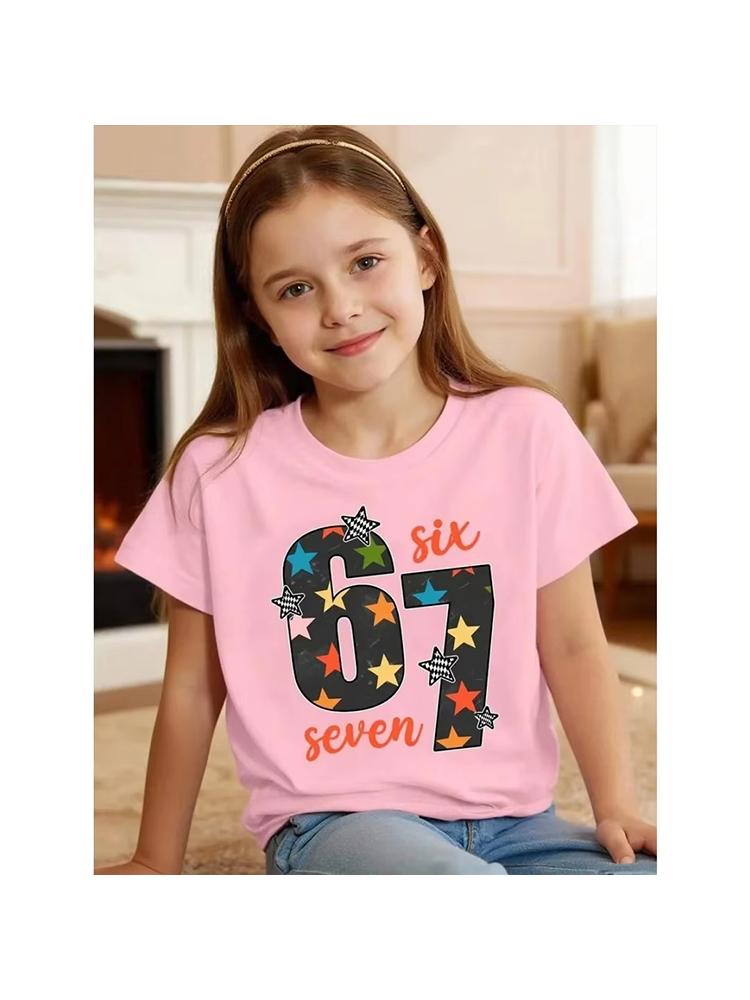 Girls Cute Star Pattern Number 67 Print Short Sleeve Tee Breathable Cotton Perfect for Birthday Daily Outfitstk0058
