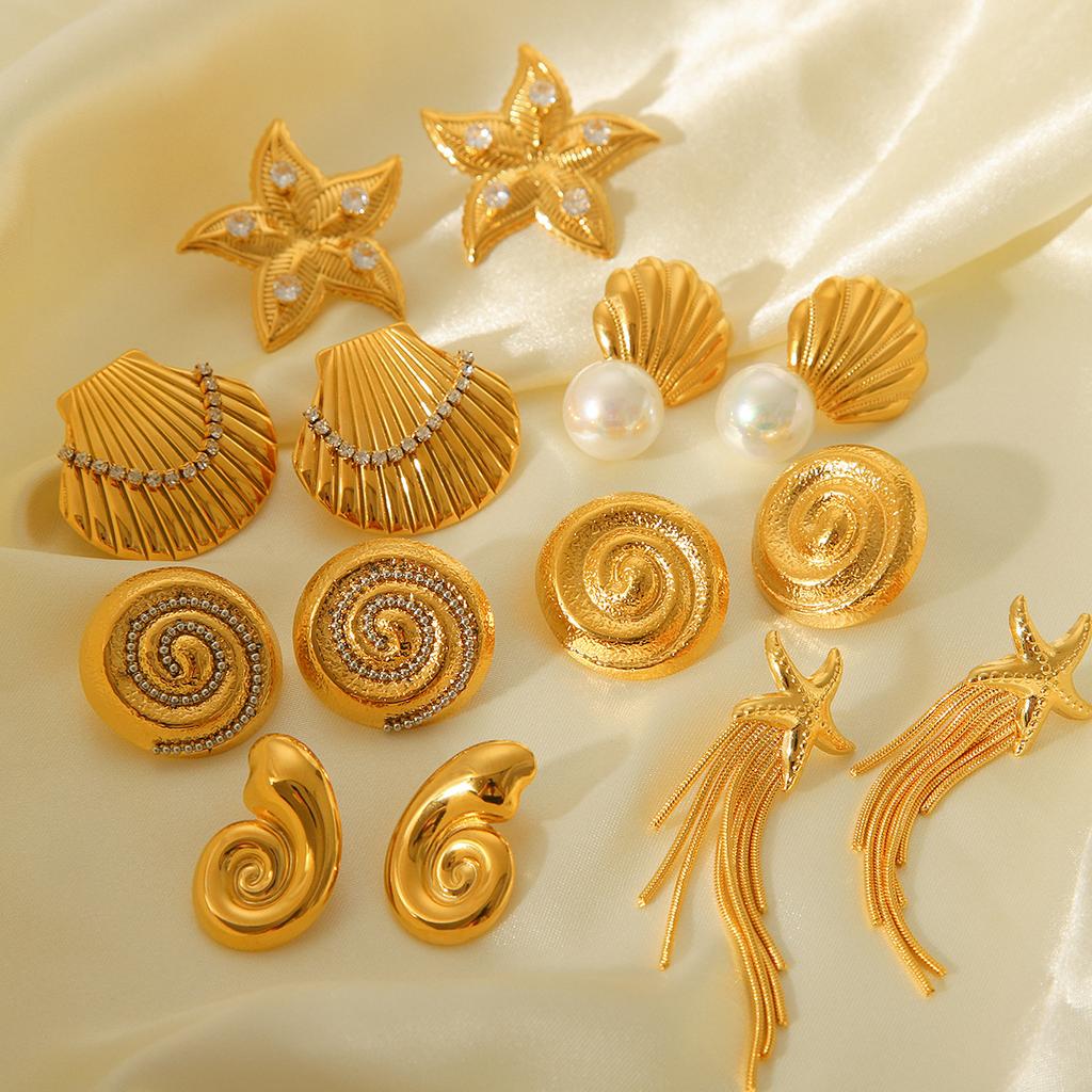 Ocean Elements Scallop Titanium Steel Earrings, 18K Gold Stainless Steel Ear Rings, Conch Starfish Studs