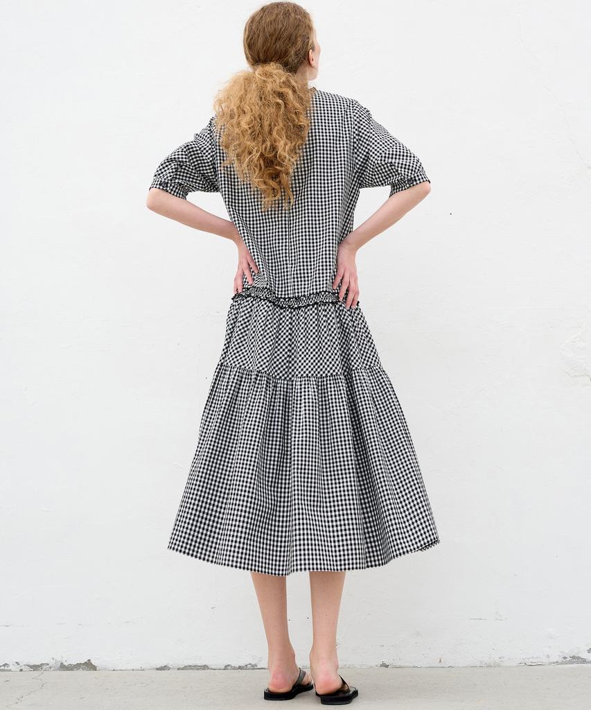 Mite Frill Shrring Check Dress_Black