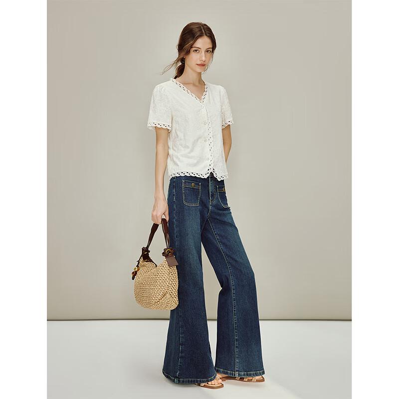 INMAN French Embroidered V-Neck Short Sleeve Shirt