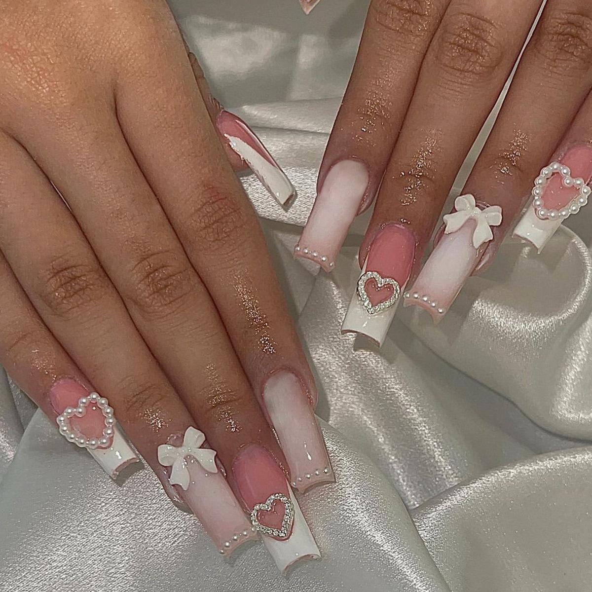 

Removable Sweet Pearl Alloy Heart Bow Nail Patches