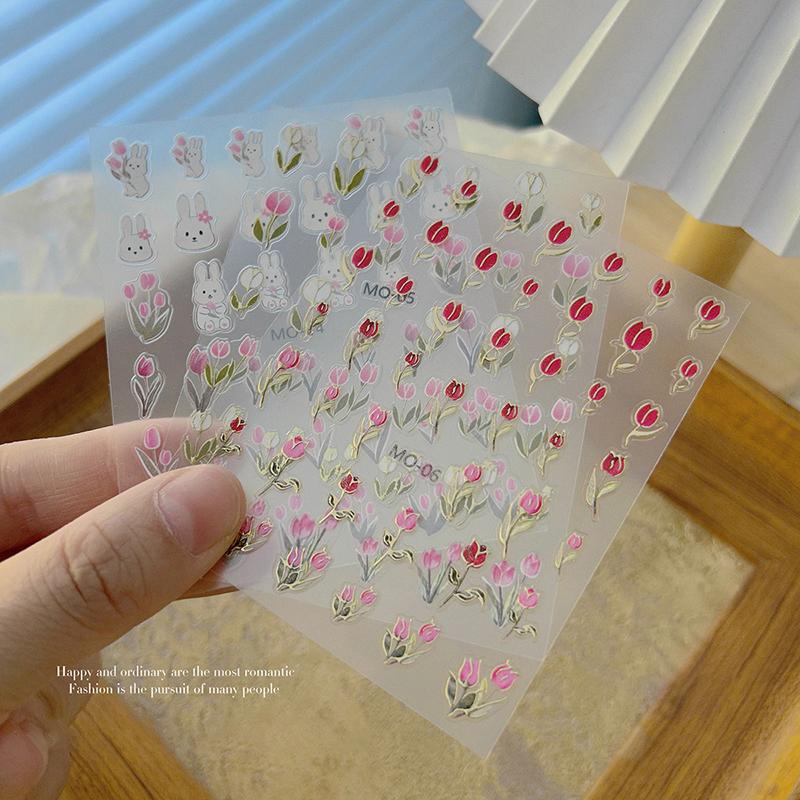 5D Relief Nail Stickers Tulip Fine Rabbit Decals Flowers Nail Art Charm Cute Cartoon Sliders Bronzing Diy Manicure Decoration