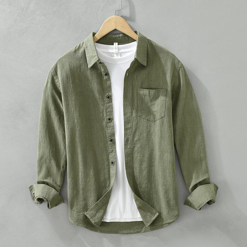 

Дышащая летняя рубашка для мужчин, пляжный повседневный топ, однотонная, отложной воротник, длинный рукав, хлопок, лен, мягкая мужская рубашка, простой стиль L