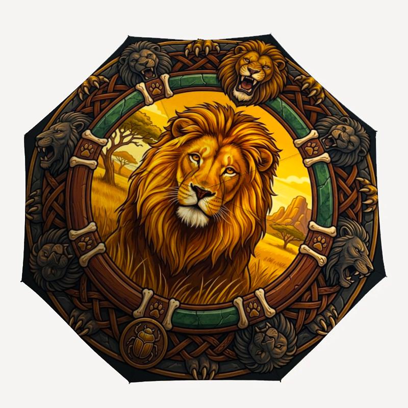 Lion Majesty Circle pattern umbrella, portable and foldable design, 8 ribs, a casual accessory for Halloween, Christmas, and birthday gifts.