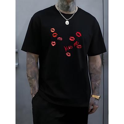 European Size Men'S Playful And Romantic Short-Sleeved T-Shirt Featuring a 'Kiss Me Lip Print', Perfect for Couple Outings, Street Fashion
