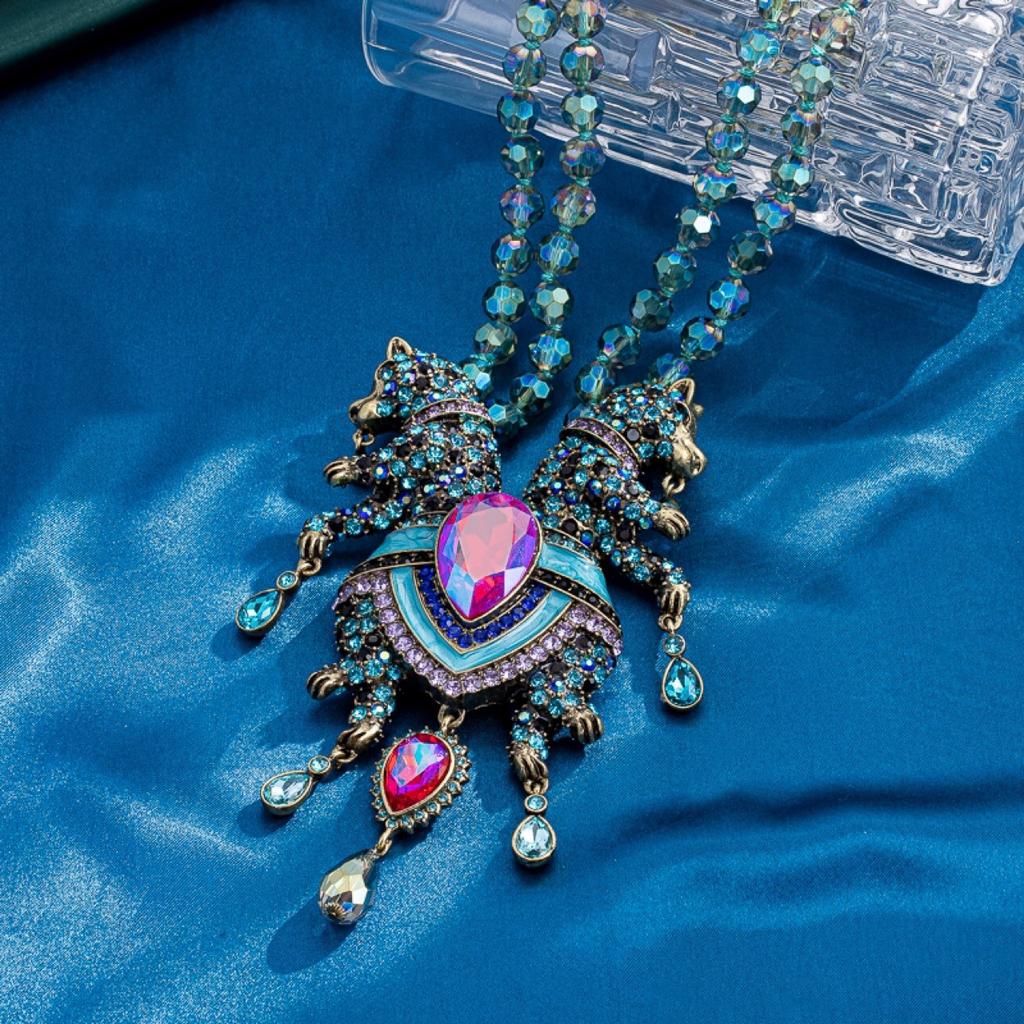 European and American Fashion Trend Vintage Heavy Industry Glass Bead Knotted Full of Diamonds Double Leopard Necklace