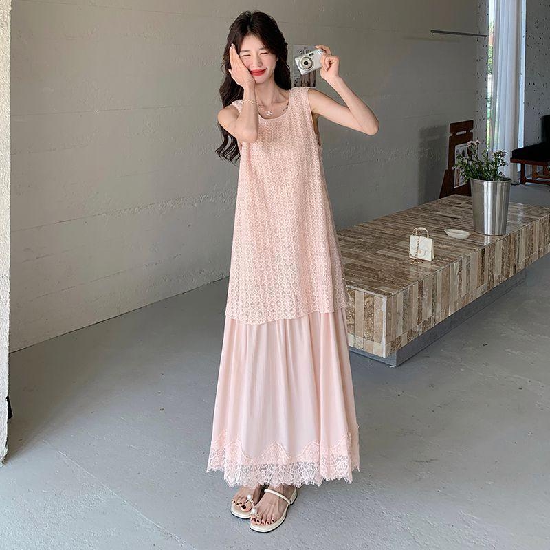 Plus Size Slimming French Style Lace Patchwork Two-Piece Tank Dress for Women