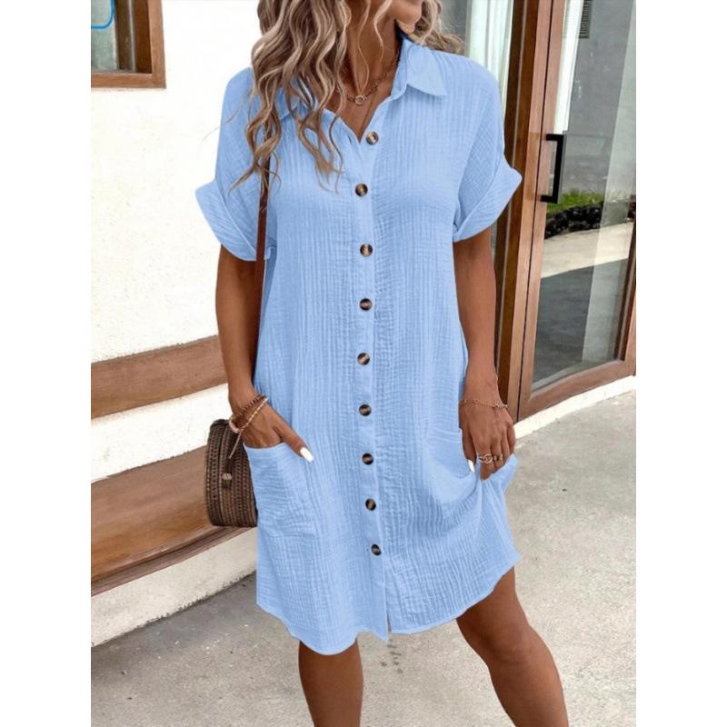 Casual Solid Color Single-breasted Mid-length Short Sleeve Loose Casual Dress Women's Wear
